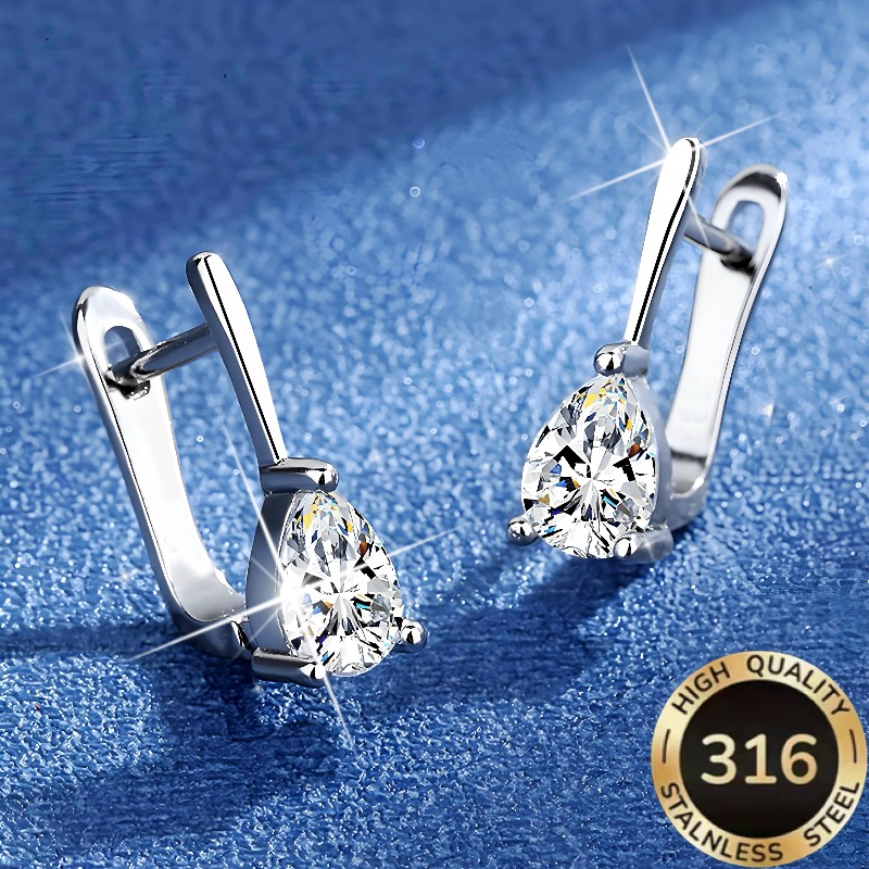 TEMU 1 Pair Of High-quality Steel Hypoallergenic Light Luxury Elegant Temperament U-shaped Geometric Matching Teardrop-shaped Synthetic Zirconia