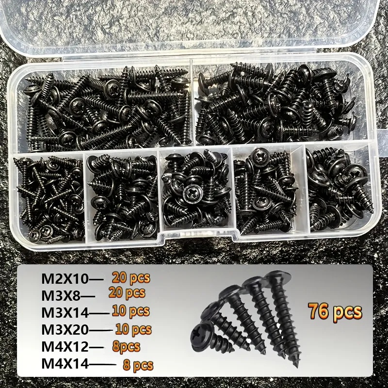 TEMU 76pcs M2 M3 M4 Pwa Carbon Steel Black Round Washer Screw Set, Fully Threaded Metal Screws Suitable For Fastening Various Materials