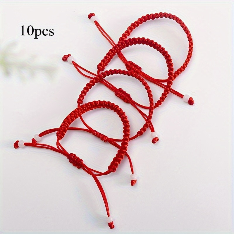 TEMU 10pcs Per Pack Handmade Woven Adjustable Red Flat Knot Couple Bracelet