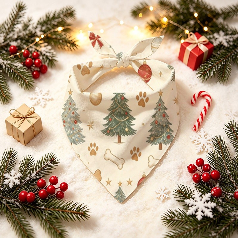 TEMU 1pc Christmas Dog-themed Printed Dog Scarf, 24.8x11 Inches One-size Pet Accessory, Holiday Bandana With Christmas Tree, Paw Print, And Bone