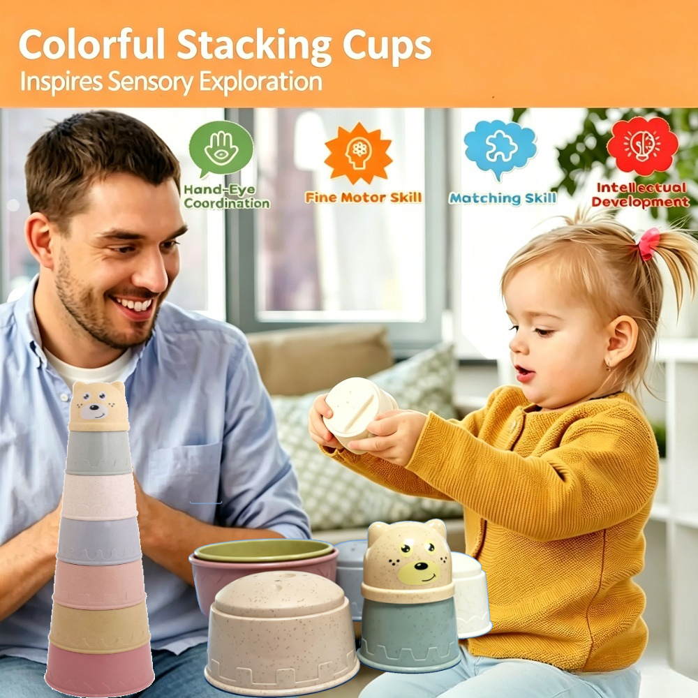 7pcs Fun Multi-Color Bread Stacking Cups Set for Kids
