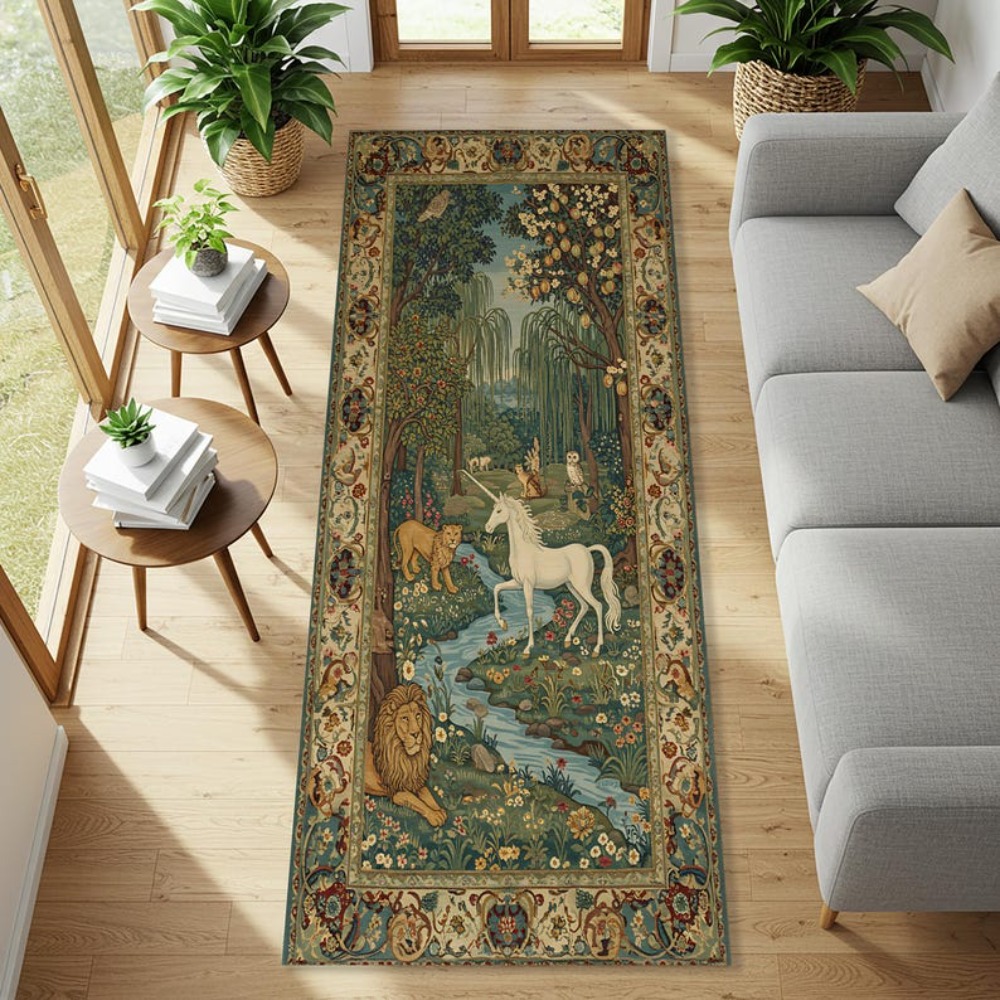 TEMU Unicorn Runner Animal Medieval Nature Fantasy Woodland Lion Owl Rug - Rug With Black Binding, Indoor Outdoor Hallway Mythical Themed Decor Runner