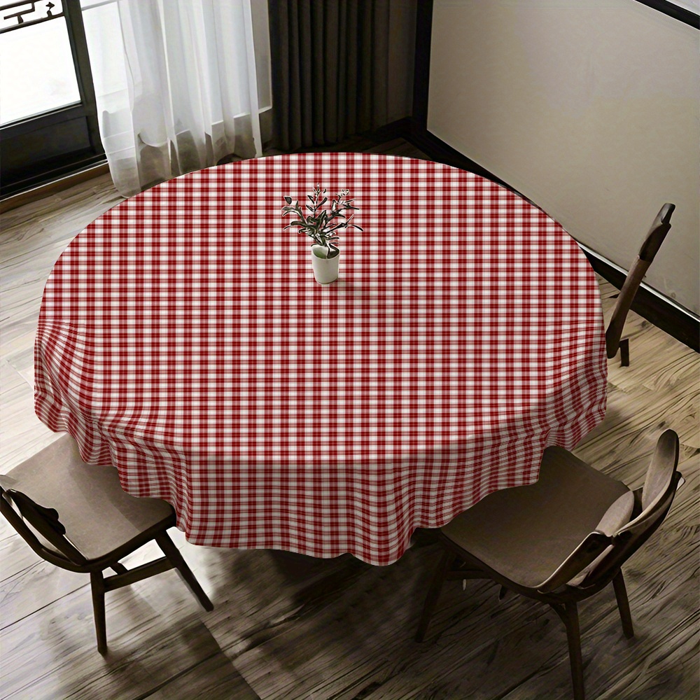 TEMU [ Product] 1pc Round Tablecloth - Scottish Red White Checkered, Durable Fabric, Indoor Outdoor Use, Suitable For Holidays, Weddings, Birthdays,