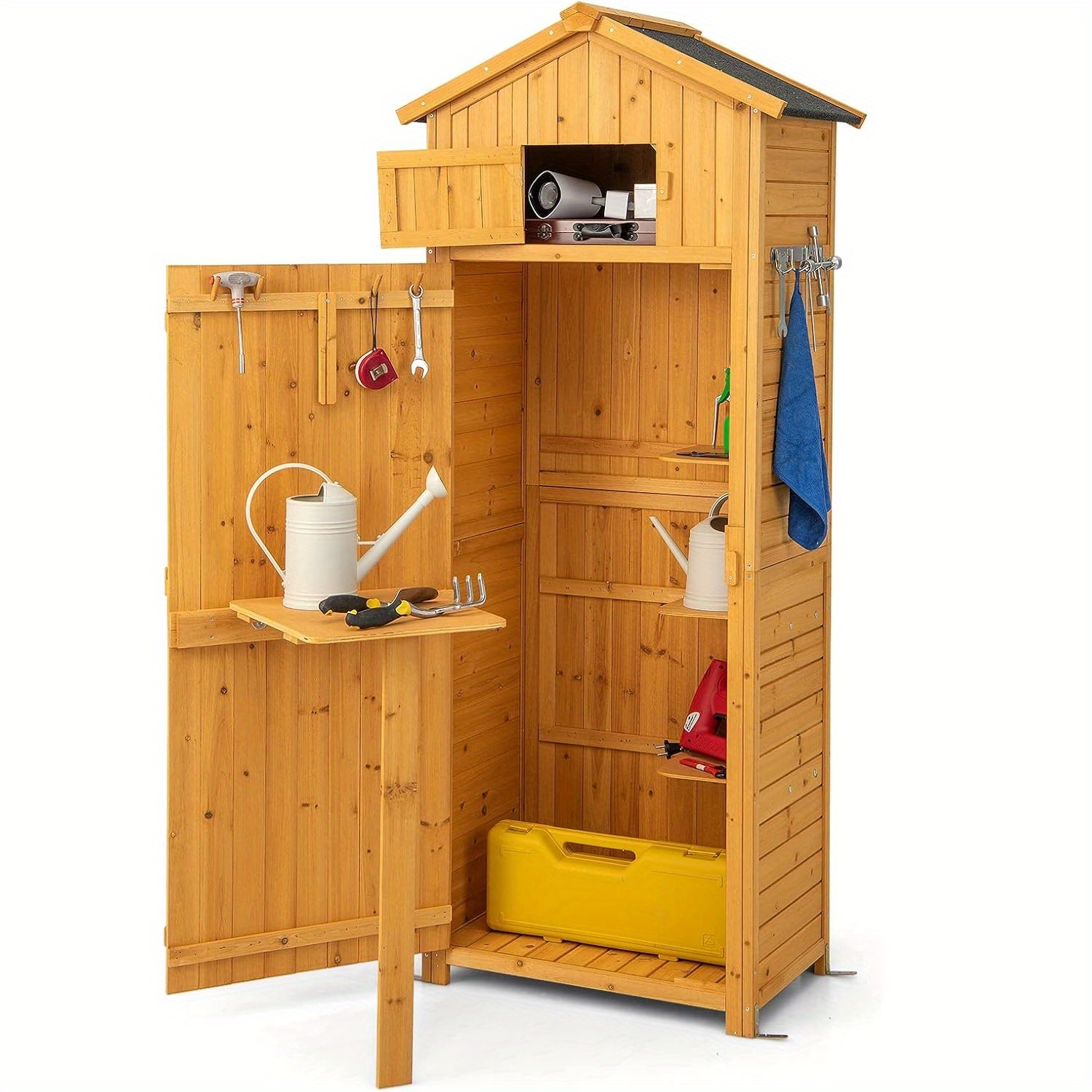 Image of Garden Storage Shed, 180.5cm Tall Outdoor Storage Cabinet With Lockable Doors, Foldable Table, Hooks, Organizer With Shelves, Wooden Tool Storage Cabinet For Patio Backyard Garden