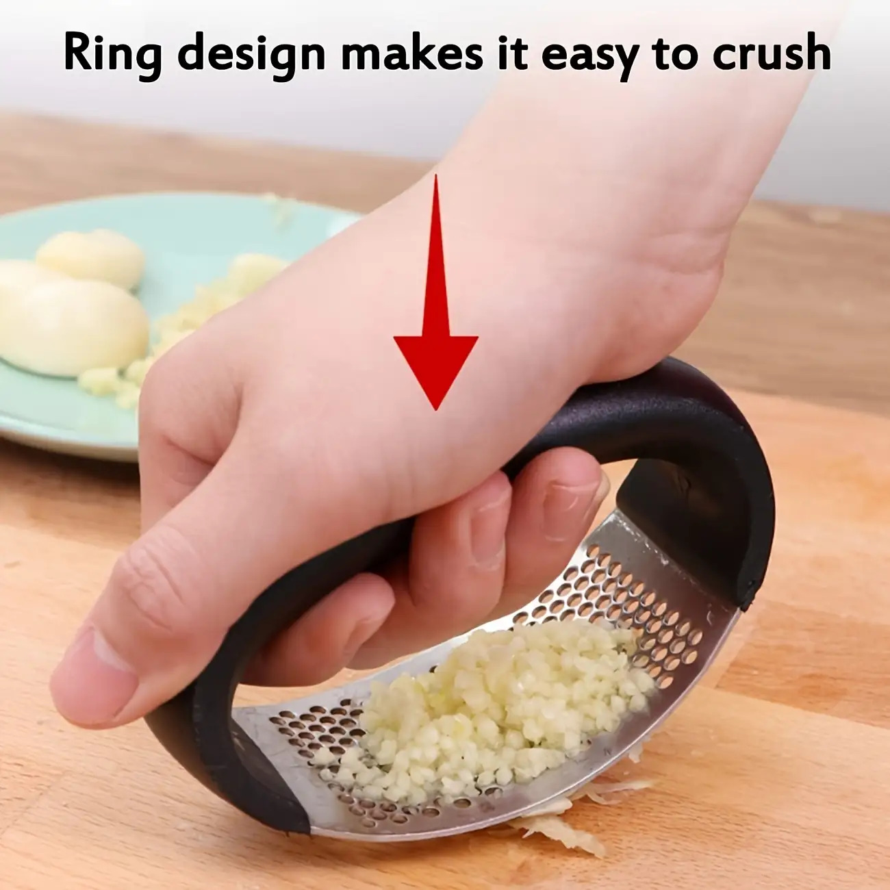 Triturador de ajo manual de alta resistencia de 1 pieza con mango - Prensa de ajo de acero inoxidable 410 de alta resistencia, apto para restaurante y uso, operación manual para triturar ajo, jengibre, cebolla - Duradero y fácil de usar, regalo