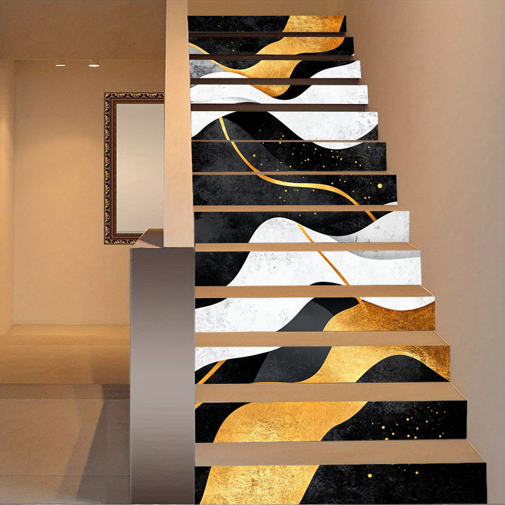 13pcs Modern Abstract Black and Golden Wavy Staircase Decals - Self-Adhesive Vinyl Stair Riser Murals, 100.0cmLx17.98cmW, Peel and Stick for Easy Installation, Elegant Home Décor for Staircases