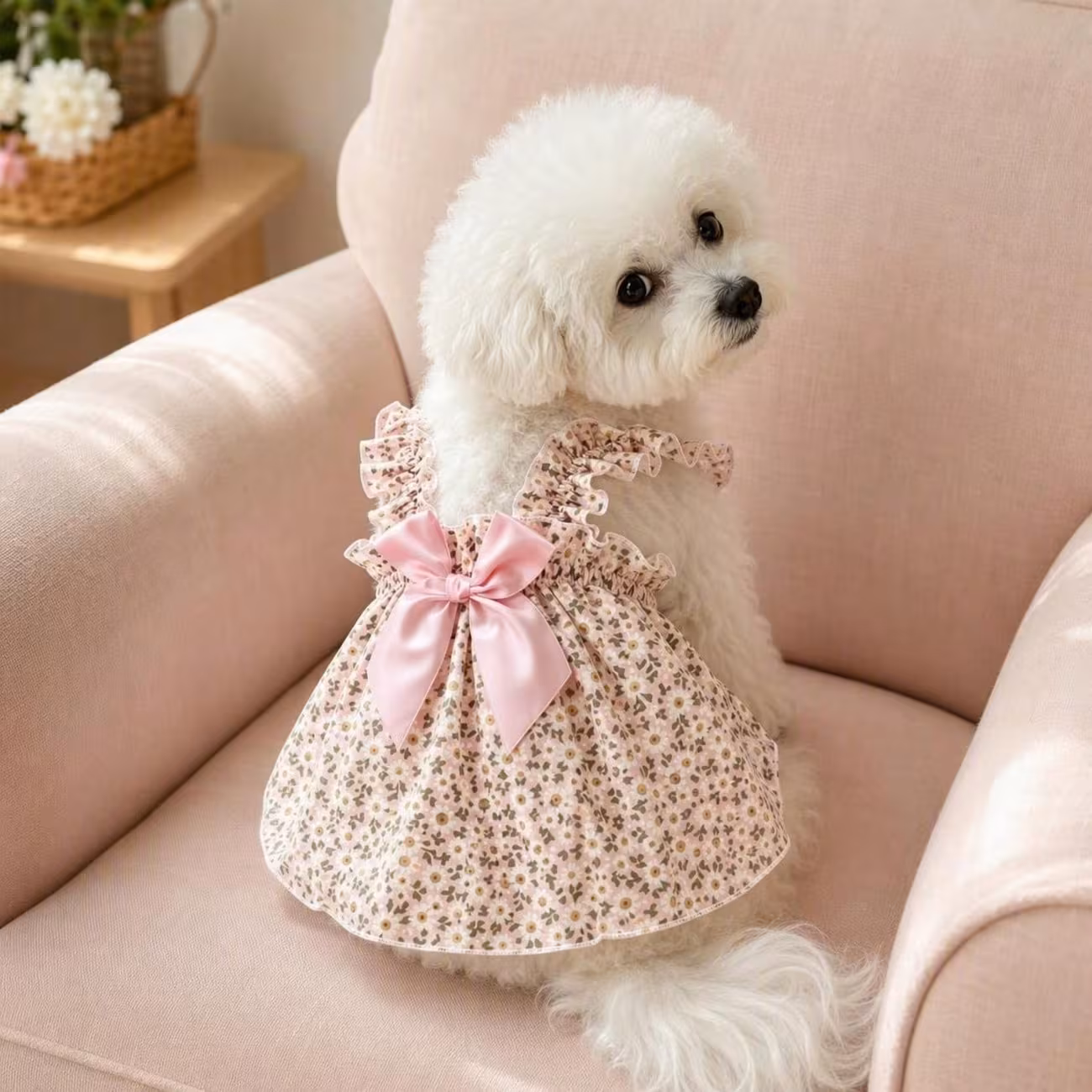 1pc small dog summer dress floral printed ruffle strap pet cami dress with back bow cute puppy clothes for bichon poodle daily outfit Product details 31