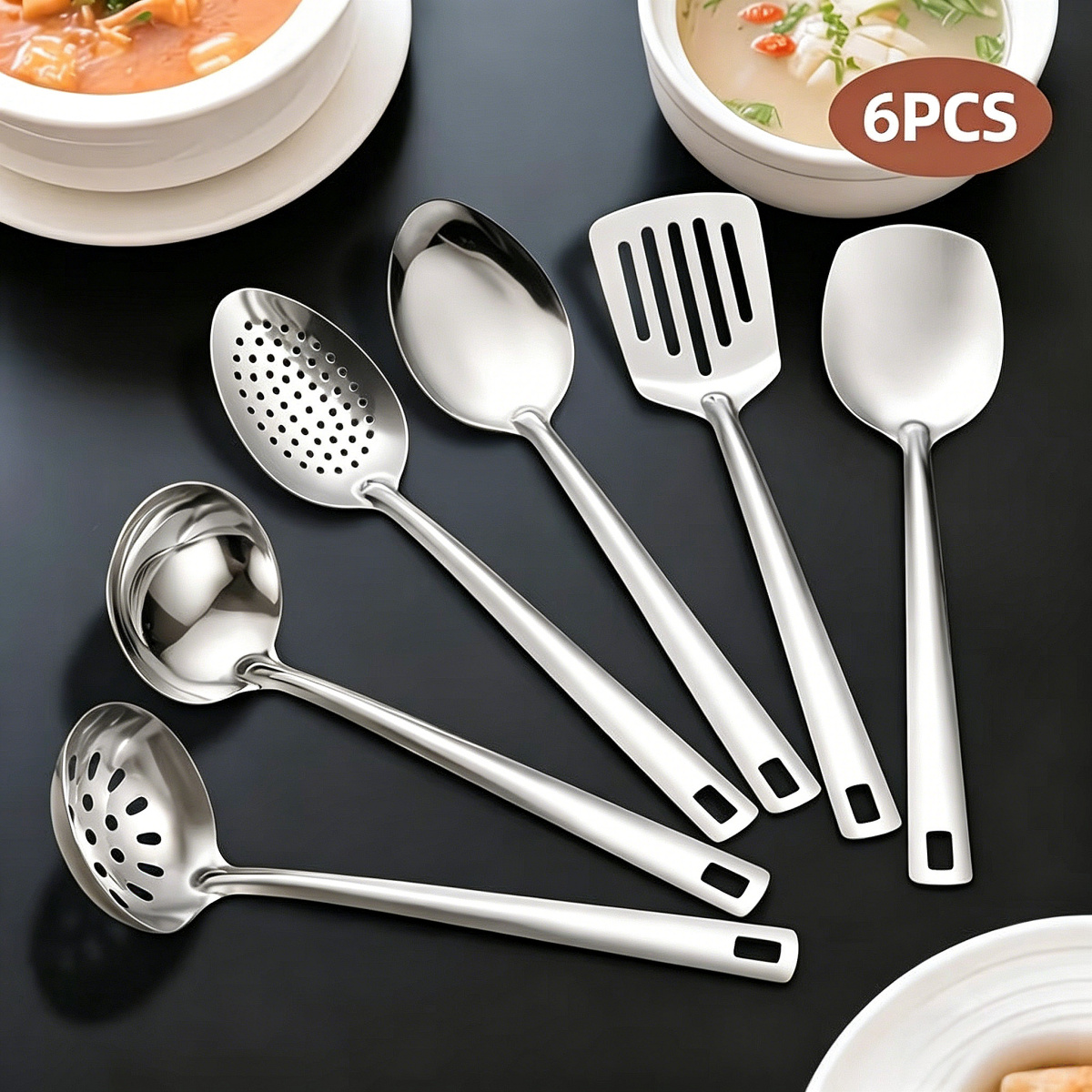 TEMU Vfvhome 6pcs Utensil Set, Stainless Steel Catering Utensil Set, Dishwasher Safe, Small And Portable - Buffet Serving Spoon, Serving Slotted