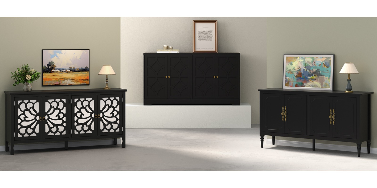 Modern Freestanding Buffet Credenza with Mirror & Storage - Adjustable Shelf Cabinet Suitable for Living Room, Dining Room, Entryway - Elegant Panel Doors & Tall -Standing Furniture