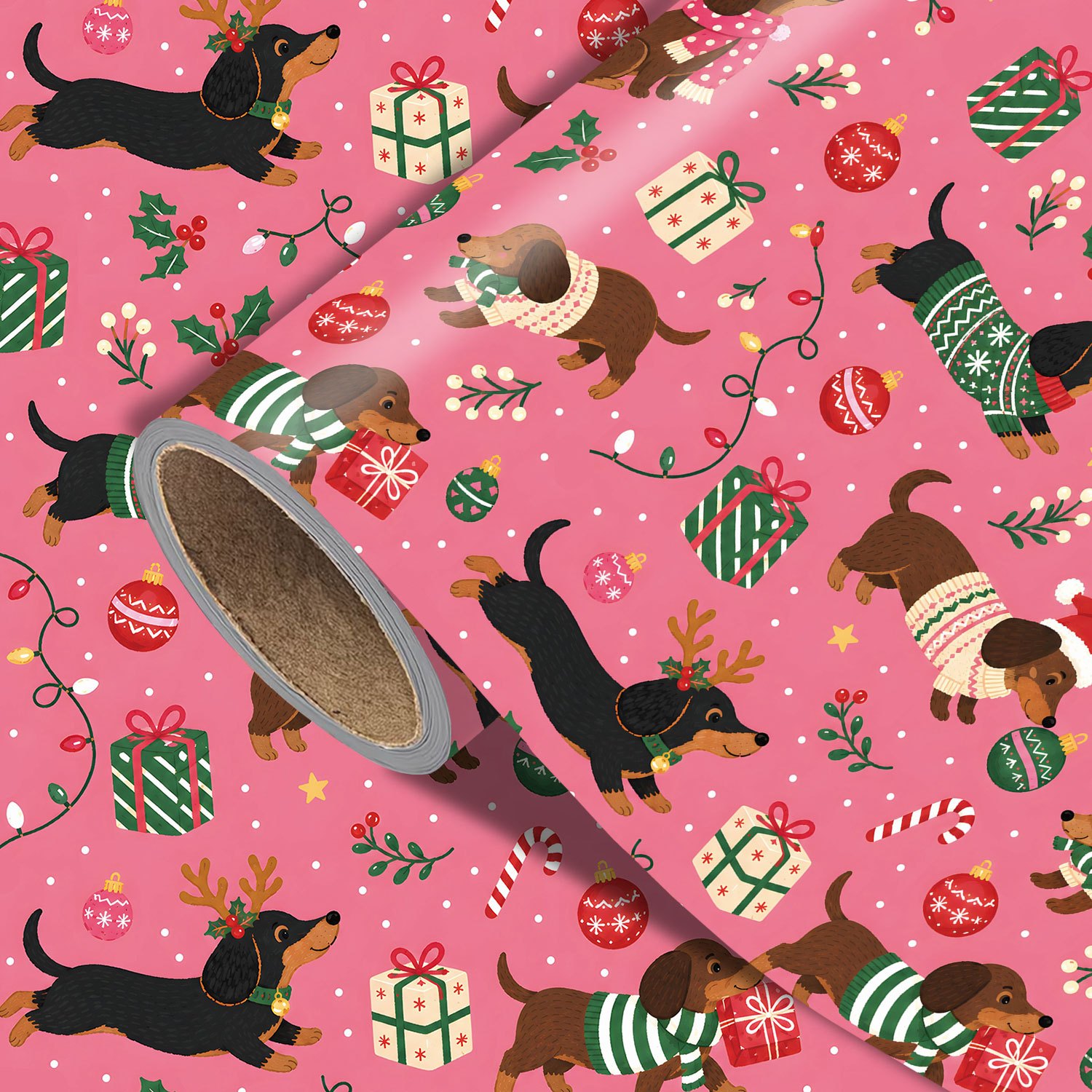 TEMU Rouleau de de Noël Teckel, 17,7 po x 118 po, joli papier d'emballage rouge de Noël avec chien teckel , décorations d'emballage de cadeaux de