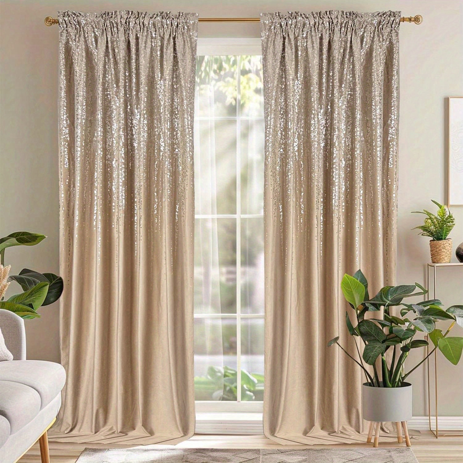 TEMU High Quality Beautiful And Luxurious Velour Curtain Decorated With A Shimmering Pattern Of Golden And Silvery Glitter Rain In A Glamor Style 1pc
