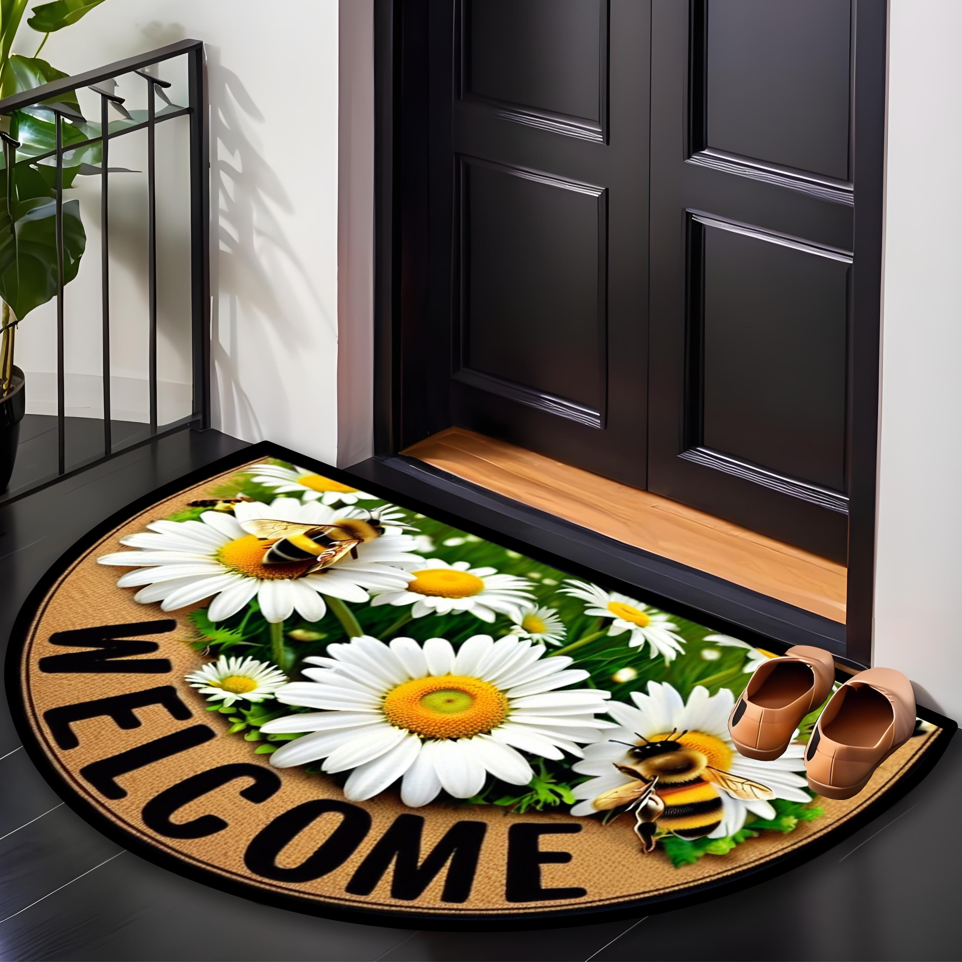 Welcome Bees & Floral Design Non-Slip Semi-Circular Door Mat - Durable 100% Polyester Entrance Mat for Farmhouse, Patio, Laundry, Kitchen, Yard Decor - Stylish Home Accent, Multiple Sizes Available, Outdoor Mat Front Door, Patio Doormat, Natureinspired Doormat, Highquality Doormat, Decorative Doormat, Housewarming Gift