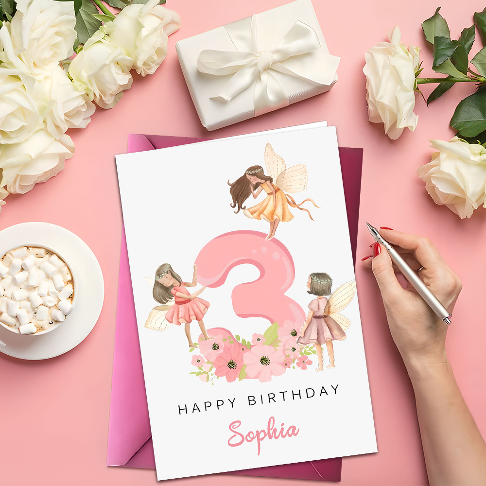 TEMU 1pc Or 10pcs Ized 3 Birthday Cards With Envelopes - Custom Name & Age Number, Pink Number For 3 Year, Party Invitations, Keepsakes - Paper
