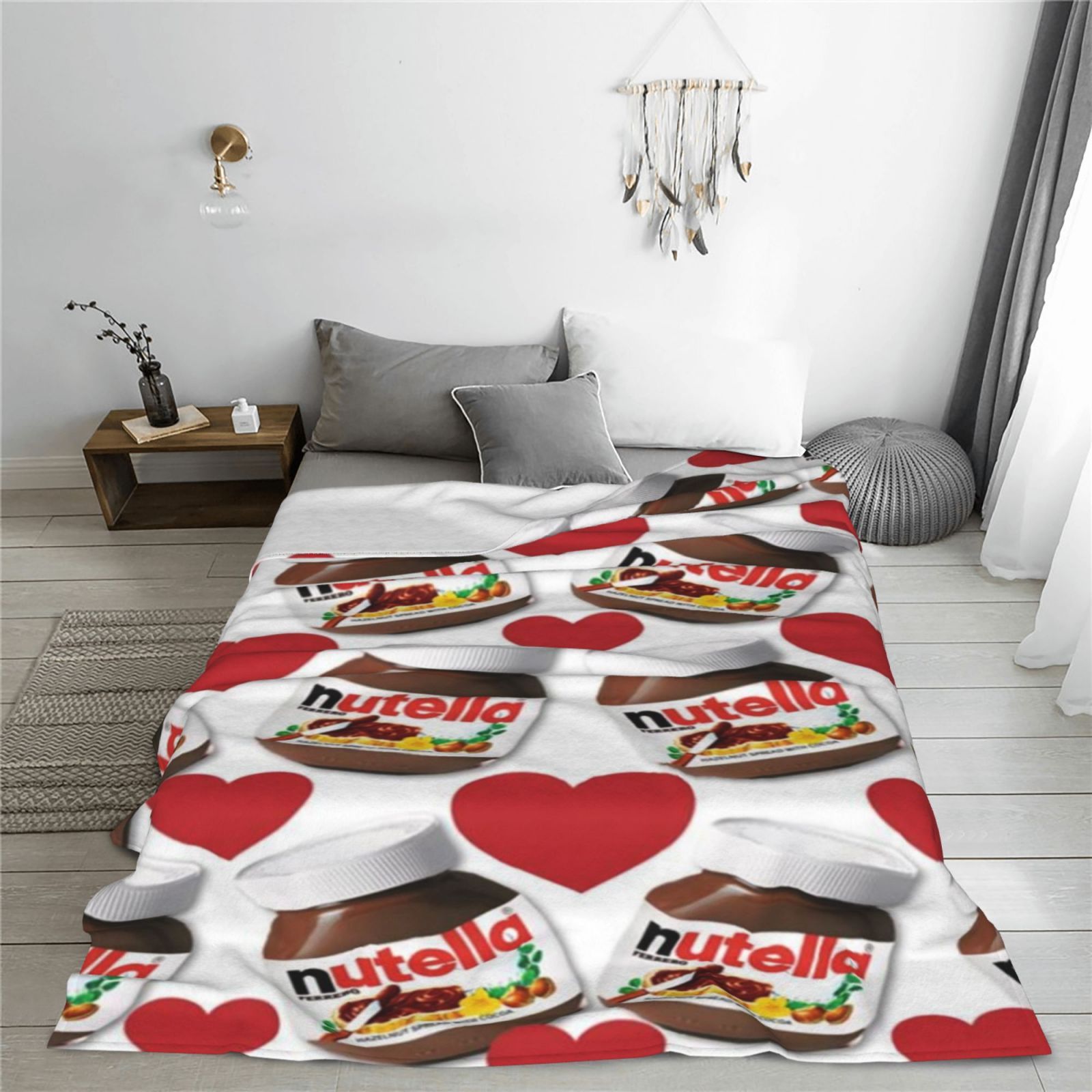 

Cozy Nutella & Heart Print Flannel Throw Blanket - Soft, Warm, And Travel, Sofa, Bed, Office, And Home Decor - Unique Gift For Boys, Girls, And Adults, Contemporary Style