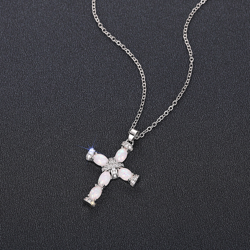 Women's S925 Silver Classic Cross Pendant Necklace with Synthetic Opal