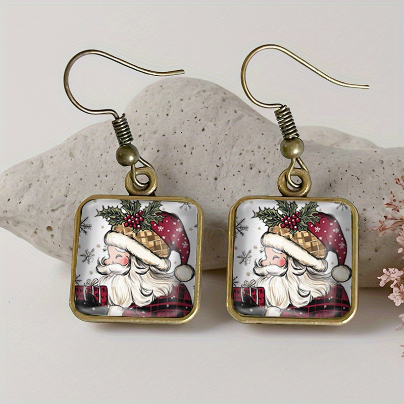 TEMU 1 Pair Santa Gift Square Earring Retro Glass Dangle Earrings Handmade Jewelry Gift For Friend, Without Battery