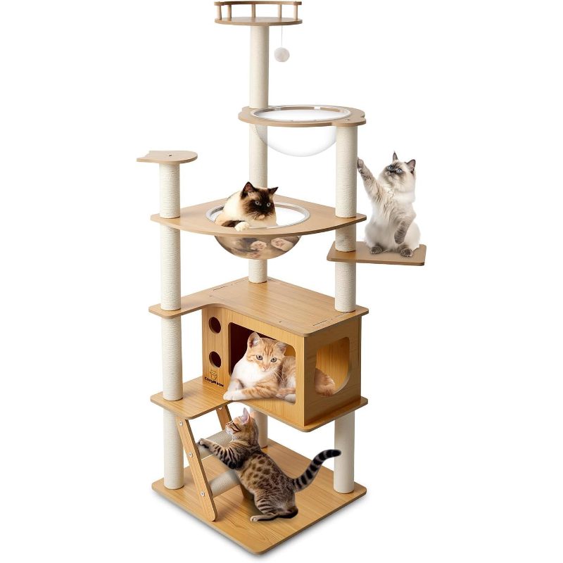 Large Modern Light Oak Cat Tree for Indoor Cats - Multi-Level Cat Condo with Scratching Tower, Hanging Ball & Basket, Thick Durable Panels Suitable for Large Spaces, Multi-Cat, Climbing Furniture for Kittens and Cats - Image 6