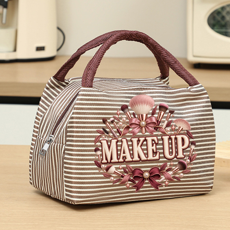 TEMU [women's Handbag] Bow Makeup Brush Printed Striped Women's Handbag, Gentle Contrast With Aura, Woven Handle Soft And Light, Smooth Metal Zipper