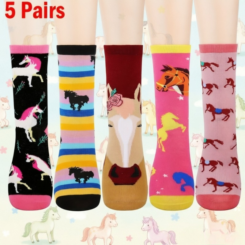 TEMU 5-pair Pony Socks - A Gift For , Women's Mid-calf Socks With Adorable Horse Print, Crew Socks Featuring Cute Cartoon , Fun And Novelty Socks For
