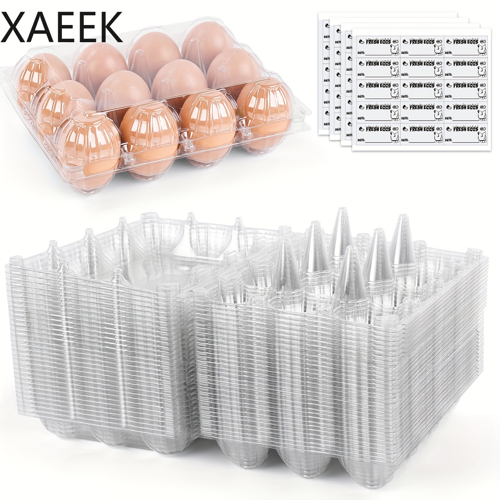 TEMU 60 Pack Clear Plastic Egg Cartons, 12 Count Empty Egg Holders With 4 Sheets Adhesive Labels, Reusable Stackable Egg Storage Containers For Home
