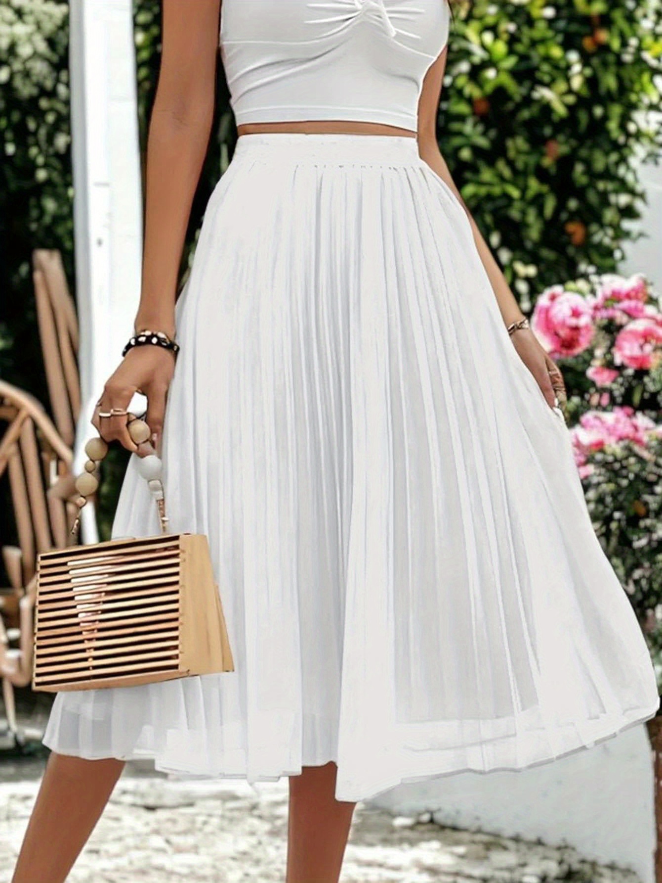 chic elegant pure elastic waist pleated midi dress idea to   all match woman clothes white 0