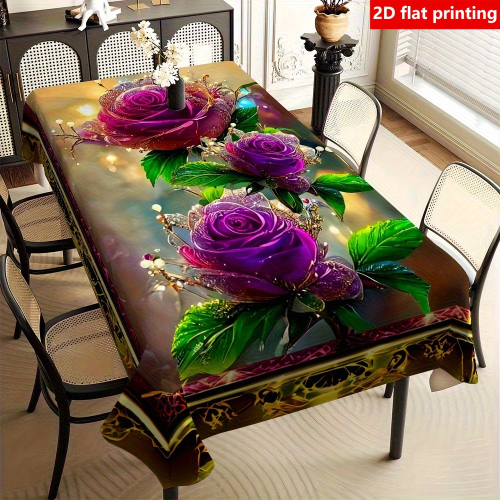 TEMU 2d Flat Printing, Table Cover 1pc Vintage Oil Painting Purple Rose Tablecloth, Elegant Design, Suitable For Picnics, Camping, Weddings, Birthday