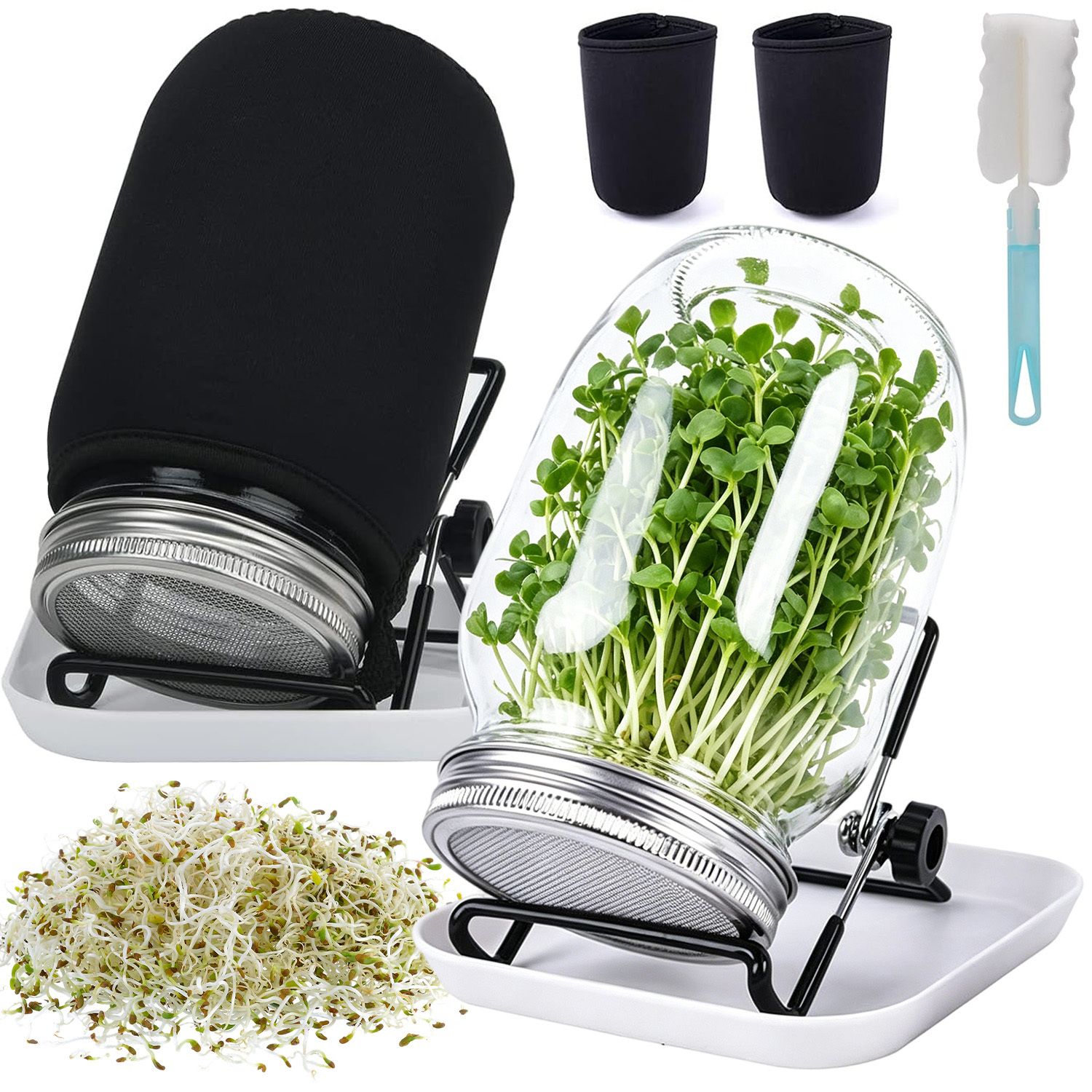 TEMU 2pcs 1000ml Glass Germination Jars, With Black Sleeves, Racks, 304 Stainless Steel Sieves And Trays