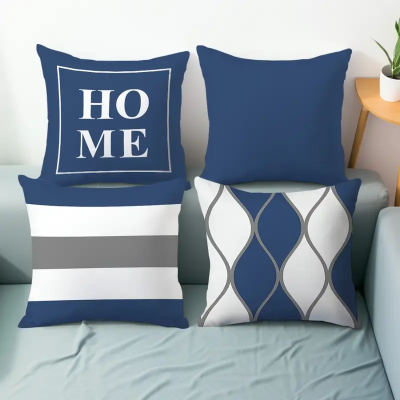 4pcs navy blue geometric stripe print pink polyester cushion cover sofa pillowcase without insert double sided print 14x14 16x16 18x18 20x20inch Product details 2