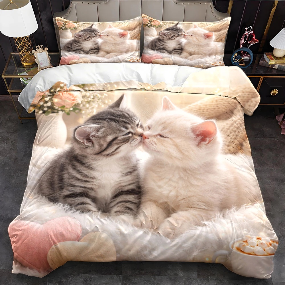 TEMU 3pcs Cozy Cat Couple Print Duvet Cover Set, Bedding 3pcs Set (1*duvet Cover   2*pillowcases), Suitable For , Machine Washable, Hidden Zipper