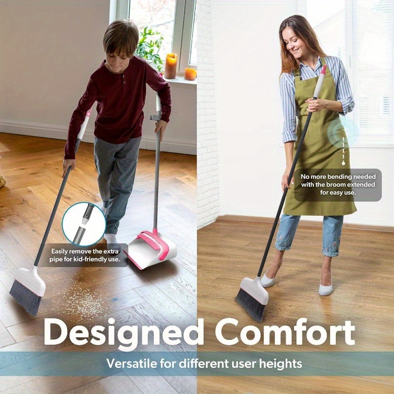 butler   broom and dustpan set - heavy-duty cleaning system with ergonomic stand, lightweight & space-saving combo for hardwood, tile, carpet floors - ideal for kitchen, living room, bathroom, hallway - white & pink with red accent - compatible with angle broom (not included) - ideal for home, office, apartment cleaning Product details 6