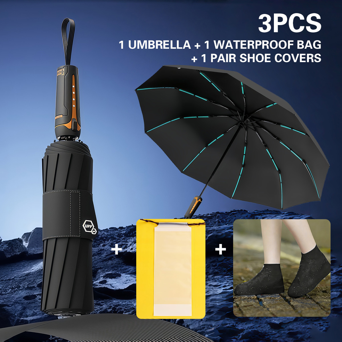 TEMU 3pcs Heavy Duty 60 Bones Cyber Style Auto Folding Umbrella + Black Glue Sun Rain Umbrella Unisex 10k Strong Large Umbrella With A Pair Of Shoe