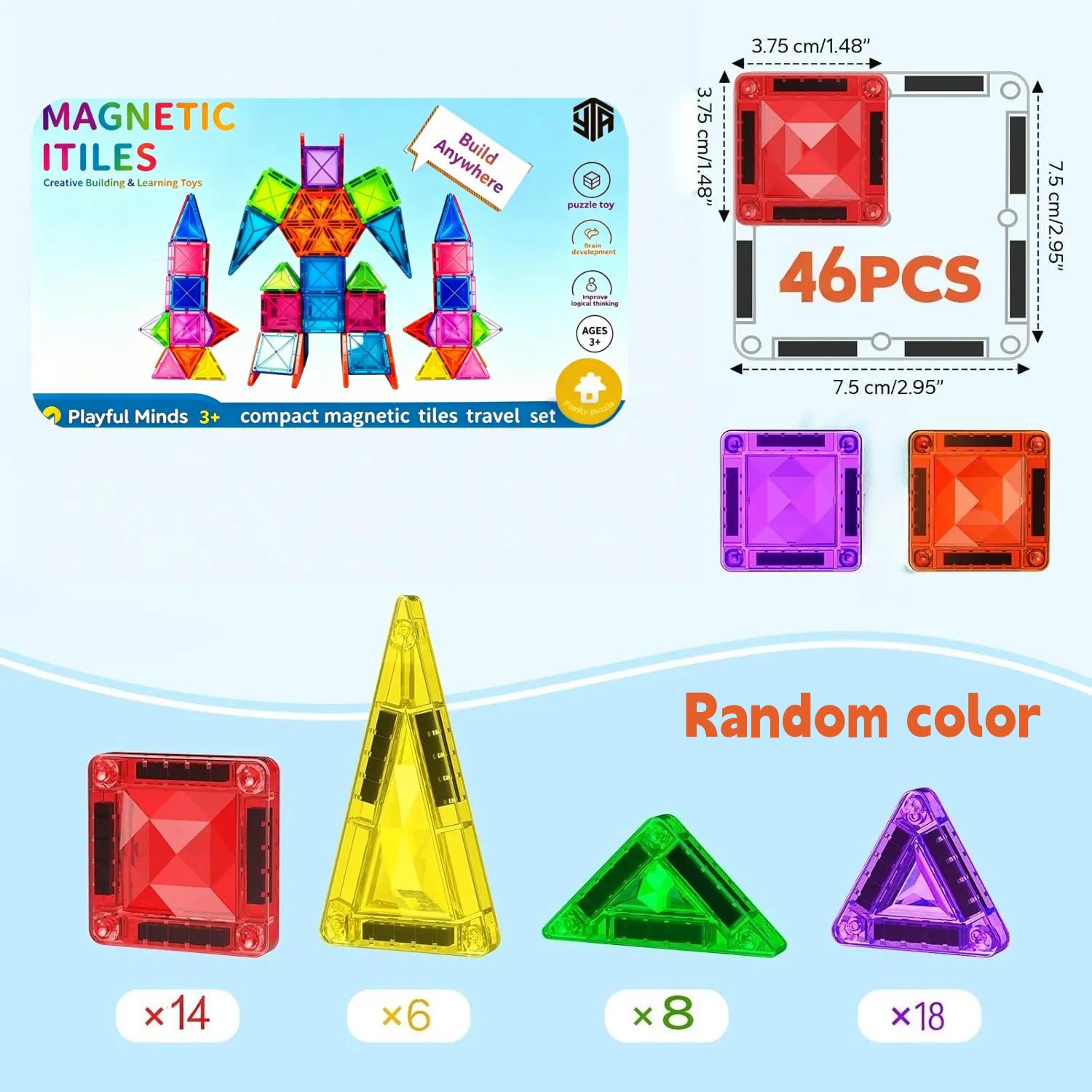 26/38/46pcs Mini Travel Magnetic Tiles And Essentials, Toys, Magnetic Building Blocks, Game, Sensory Education, 3 Age And Up Boys Girls Birthday, Christmas, Halloween Gift.random Color