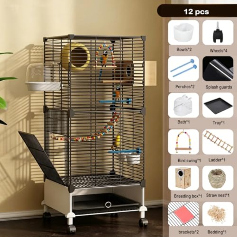 95Cm Large Bird Cage with Perches Parakeet Cage with Slide-Out Tray Water Bottle And Feeder Birdcages for Parrot Parakeets Cockatiel Lovebird Pigeon Small Mid-Sized Bird Black