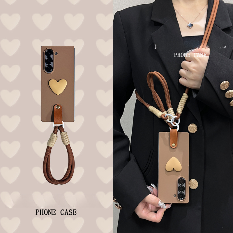 TEMU Phone Case - Ultra-thin - + Khaki Small Heart + Khaki Brown Lanyard + Same Style Crossbody For Phone Case For Galaxy Z Fold 7 Galaxy Z Fold 6