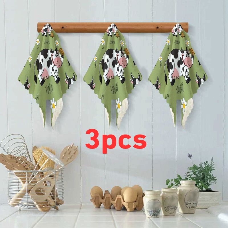 TEMU 3/6 Pack Kitchen Dishwashing Cloth Cow Cartoon Element Pattern Reusable Cleaning Cloth Microfiber Cleaning Cloth Strong Water Absorption Easy To