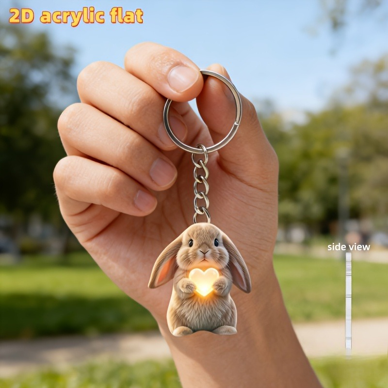 TEMU 2d Flat 2d Flat Rabbit, 1pc Cute Keychain Holding A Heart, Interesting 2d Flat Acrylic Design Multifunctional Keychain Decoration, Suitable For
