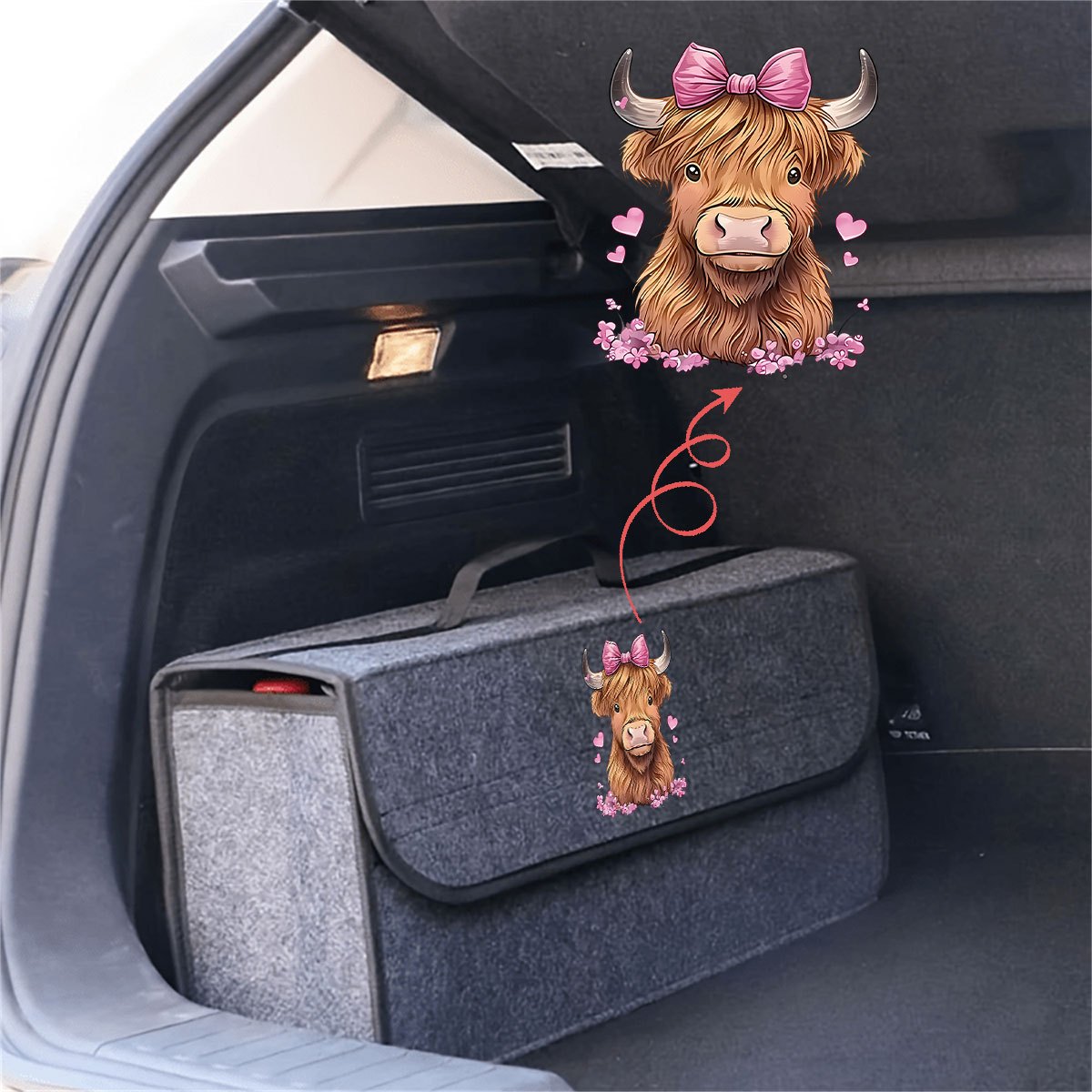 TEMU 1pc Cute Pink Bow Highland Cow Pattern Foldable Car Trunk Storage Box, Multi-use Large Capacity Auto Trunk Organizer Bag, Portable Vehicle