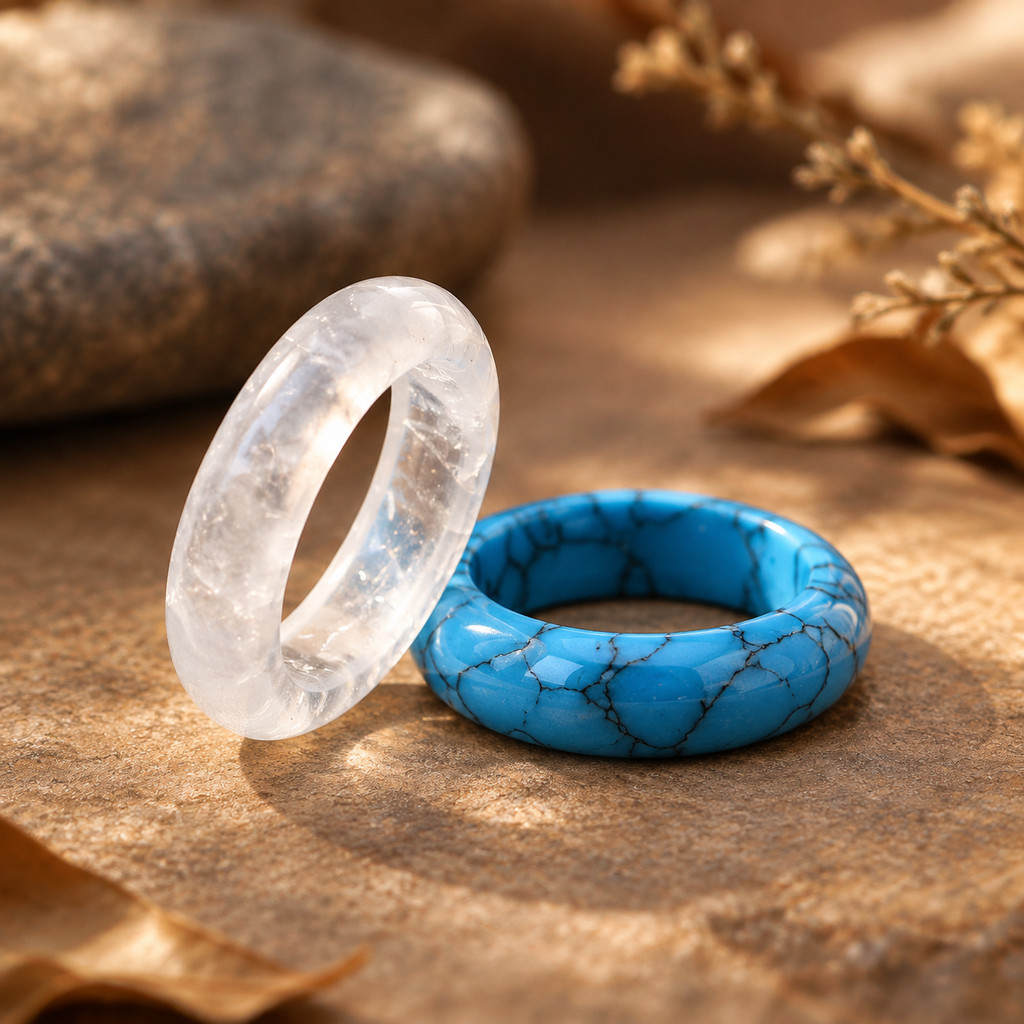 2pcs White Crystal & Deep Blue Turquoise Natural Stone Ring Band Set