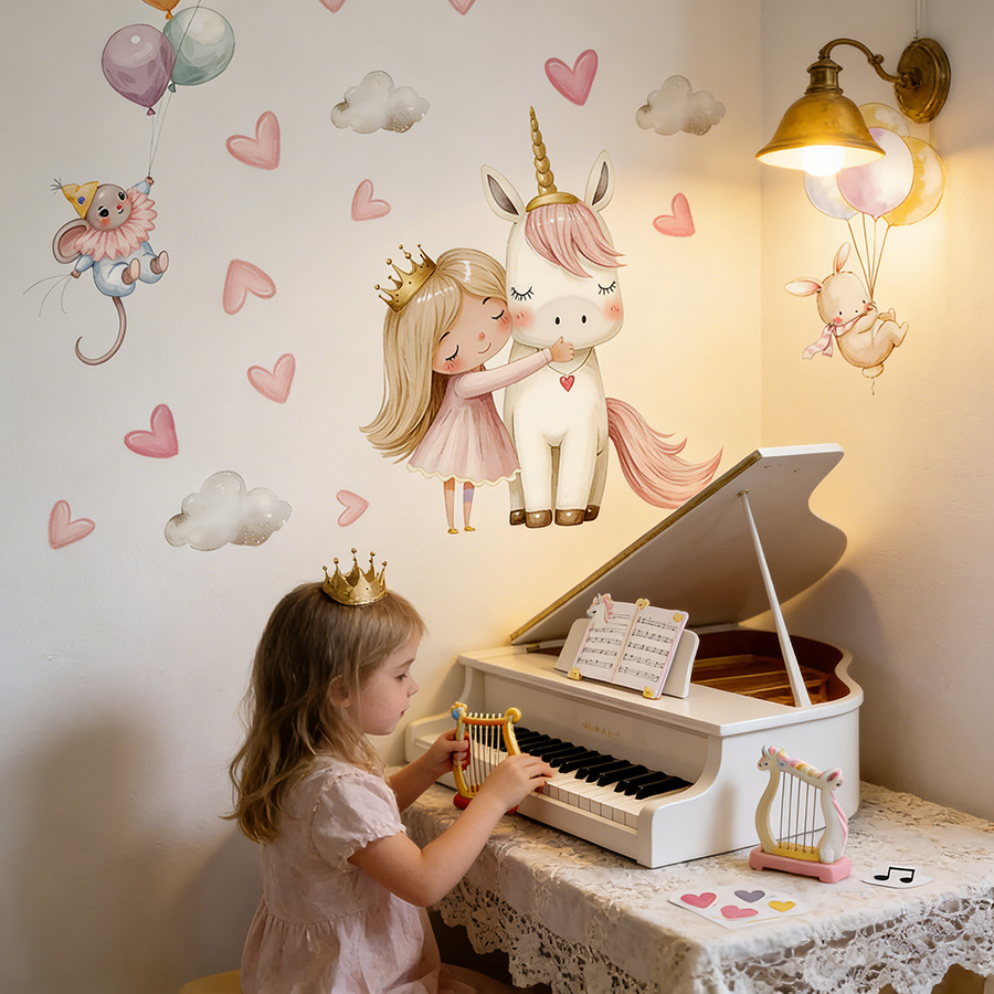 Image of 1pc 2d Flat Printing Brup Brand Watercolor Style Unicorn Princess Mouse Rabbit Balloons Hearts Clouds Wall Decals Removable For Kids Room Nursery Playroom Easy To Apply Decor, School Decor