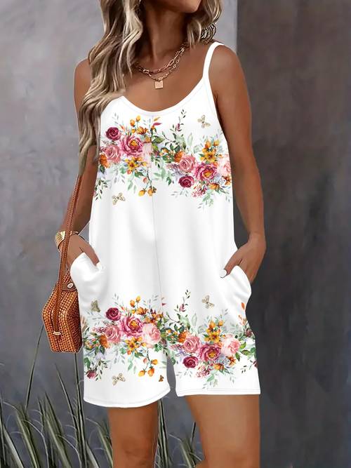 item picture womens fashionable casual wreath cami strap sleeveless pocket jumpsuit shorts