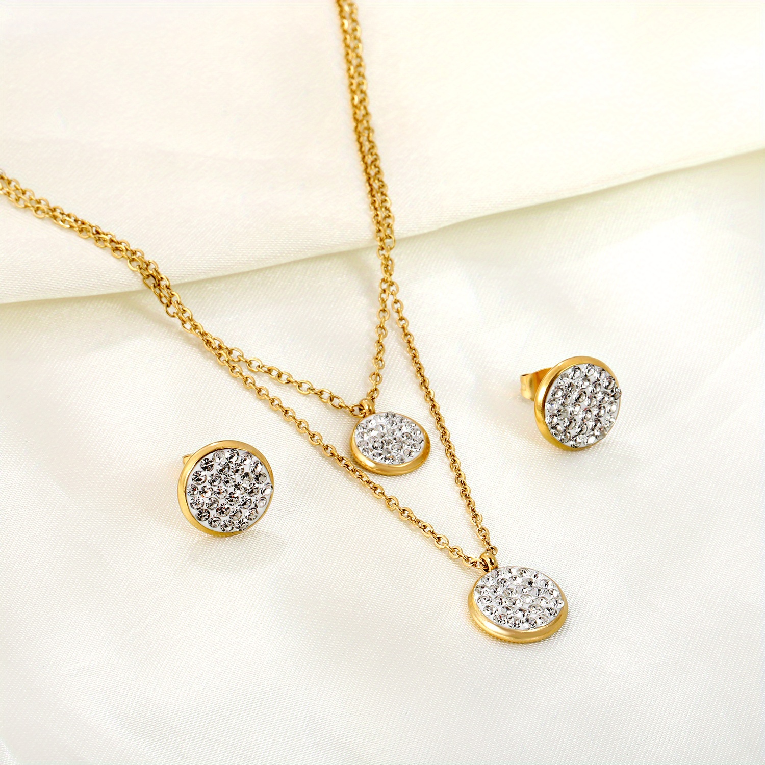 Double Chain Necklace Earrings Set Stainless Steel Material