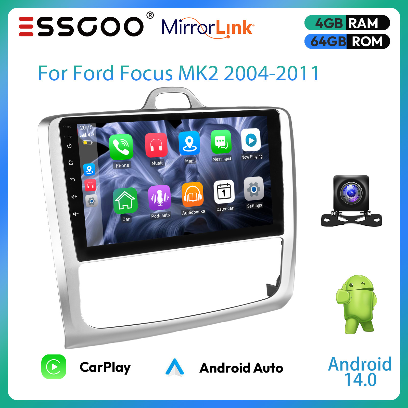 Essgoo Auto Car Radio For Ford Focus Mk2 2004-2011, 9 Inch 14 4+64gb Double Din Ips Touchscreen Stereo, Gps Wifi Fm Rds, Steering Wheel Control, With Backup Camera