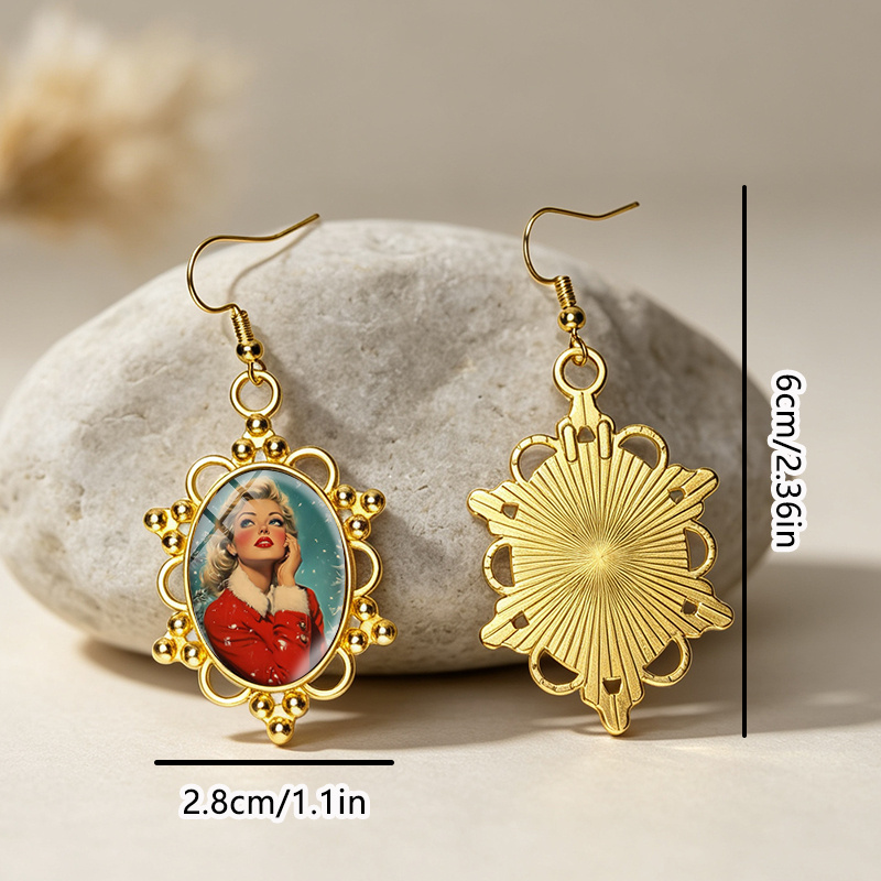 Vintage Golden Frame Oval Hook Dangle Earrings, Unisex Design