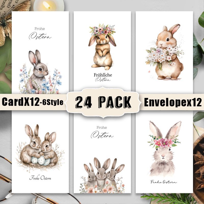 

24-pack Easter Greeting Cards Featuring Rabbits, Complete With Envelopes, Suitable For And Family, Friends, And Colleagues.