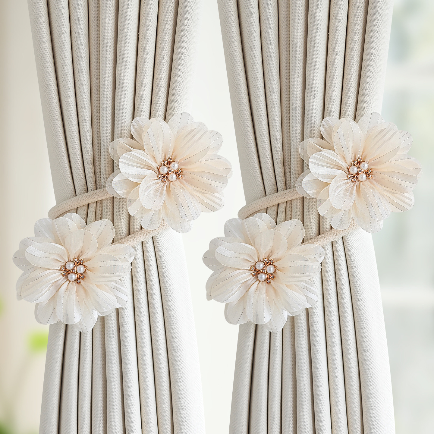 TEMU 2 stuks Bloem Gordijn Gesp met Parels, Elegante Bloem Gordijn Tieback, Licht Luxe Huis Gordijn Decor voor Slaapkamer en Woonkamer