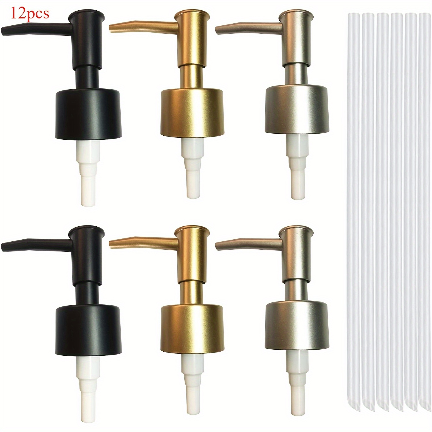 12pcs Set Of Soap Dispenser Pumps With Tubes, Suitable For 25mm Soap Bottles, Independent, No Electricity Needed, For Kitchen, Bathroom, Hotel, Durable, , Golden Silvery Black