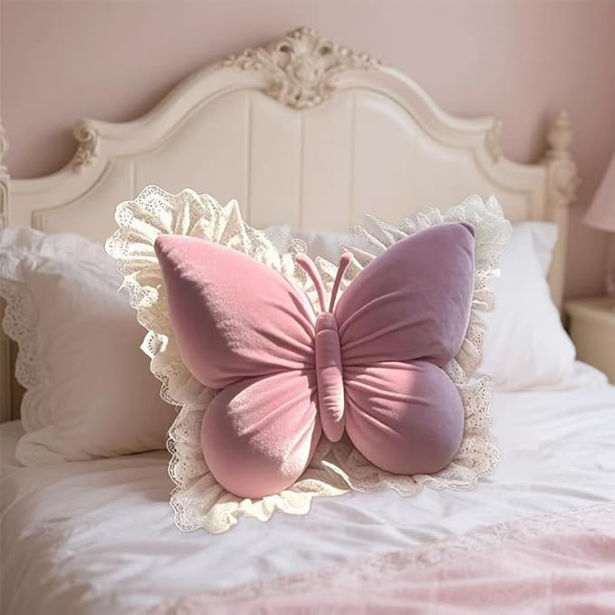 Butterfly-shaped Home Decor Throw Pillow with White Lace Trim, Made of Luxurious Velvet Fabric and Polyester Fiber Filling. Suitable for Beds, Sofas, Carriages, and Office Spaces. Perfect for Living Rooms, Bedrooms, Weddings, Birthdays, and Other