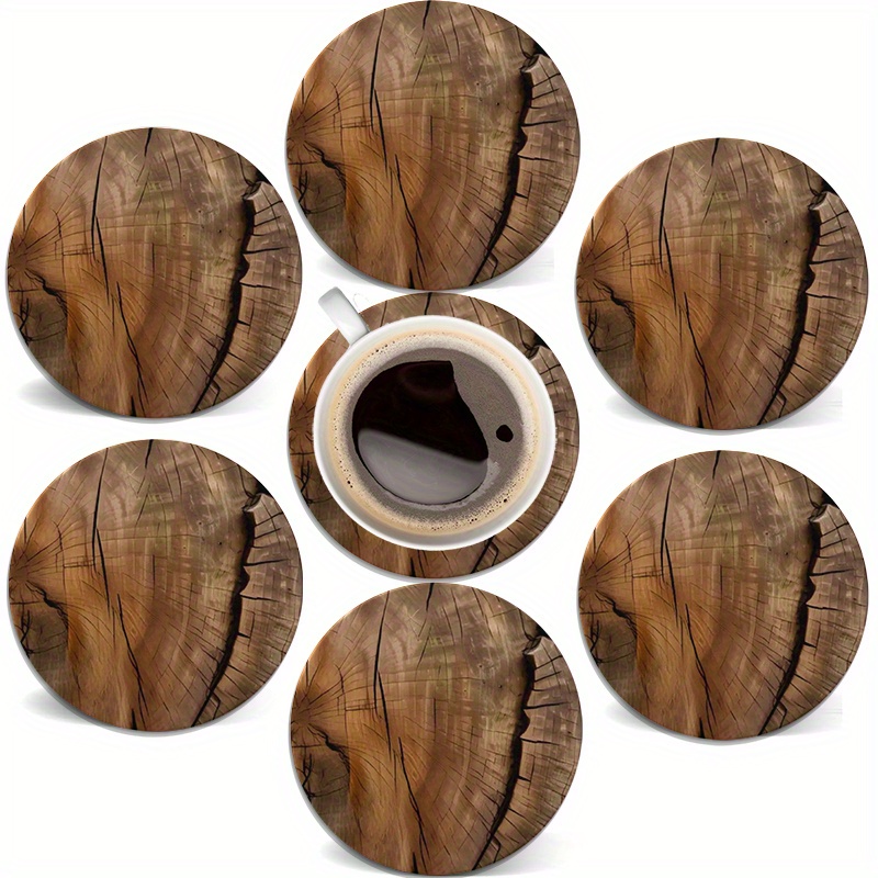 TEMU 6pcs Set Of Round Wooden Coasters- Wooden- 4inch Decorative Coffee Cup Drink Coasters, Bar Coasters, 2d Flat Surface For Hot And Cold Drinks,