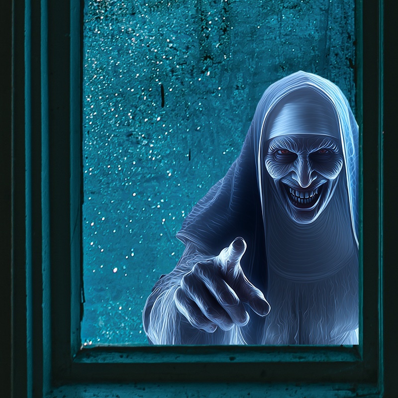 halloween zombie nun window cling with a terrifying   and   featuring an   smile removable pvc self   window decal suitable for home party window glass decorations   home   indoor party