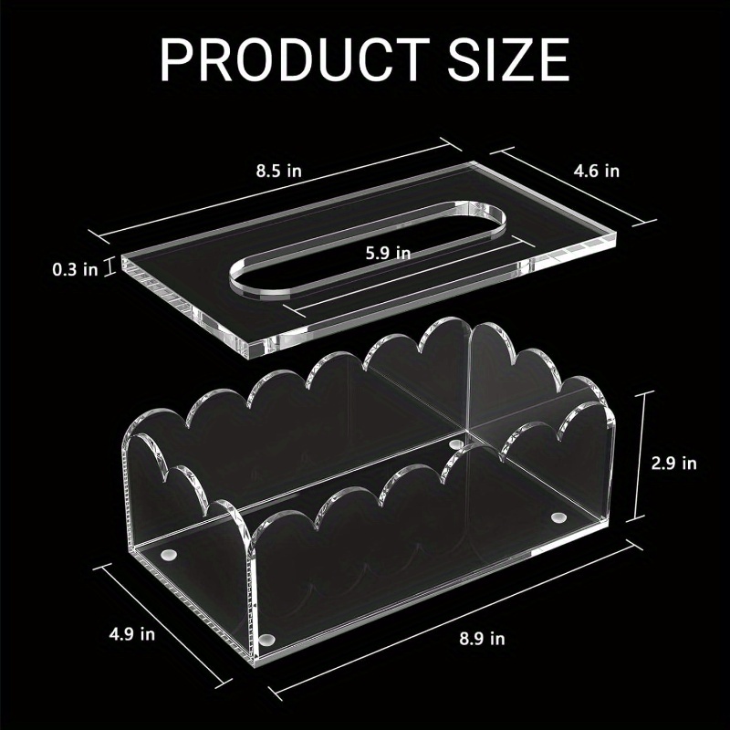 clear acrylic tissue box cover holder with non-slip lid - heavy-duty 8mm thick rectangular napkin dispenser organizer, fits standard tissue boxes, modern white &   for bathroom, office, kitchen countertop storage (8.9 x4.9 x2.9 ) - dust-resistant & hygienic surface protector, tissue box holder, facial tissue holder, kleenex box holder, kleenex box cover Product details 2